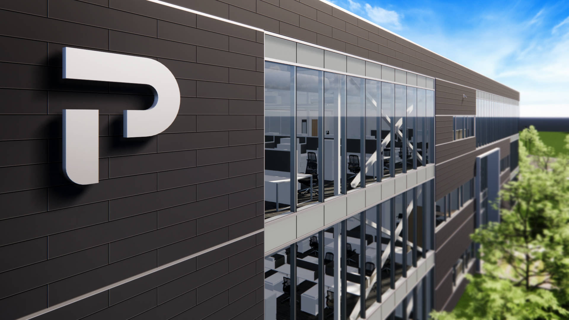 Premier Tech facility zoomed in on the PT logo